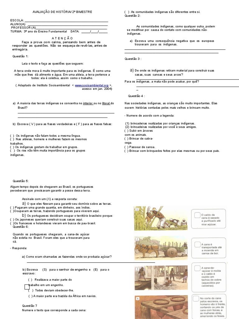 Avaliação de História 3º Ano