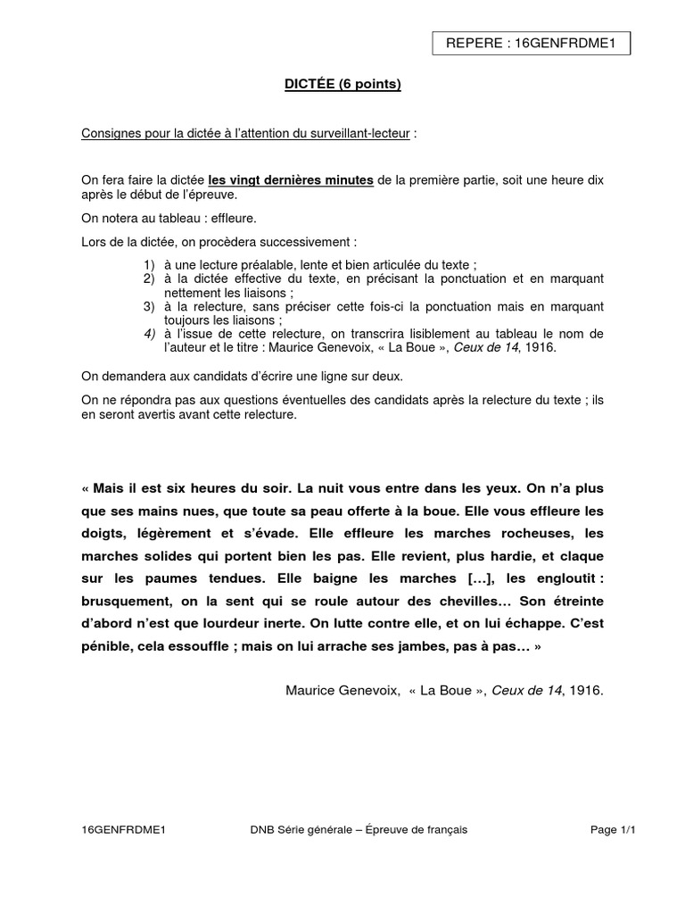 Sujet Brevet Français 2016 Pdf Corrigé DNB 2016 - Français - DICTEE - Série Générale | PDF