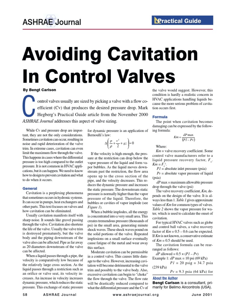 ASHRAE - Cavitation in Control Valves PDF | PDF