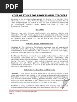 Code Of Ethics For Professional Teachers Teachers Employment