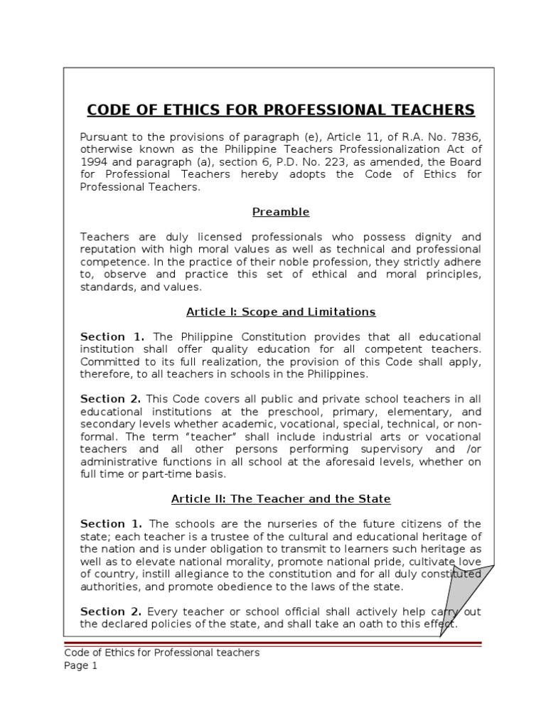 Code Of Ethics For Professional Teachers Teachers Employment