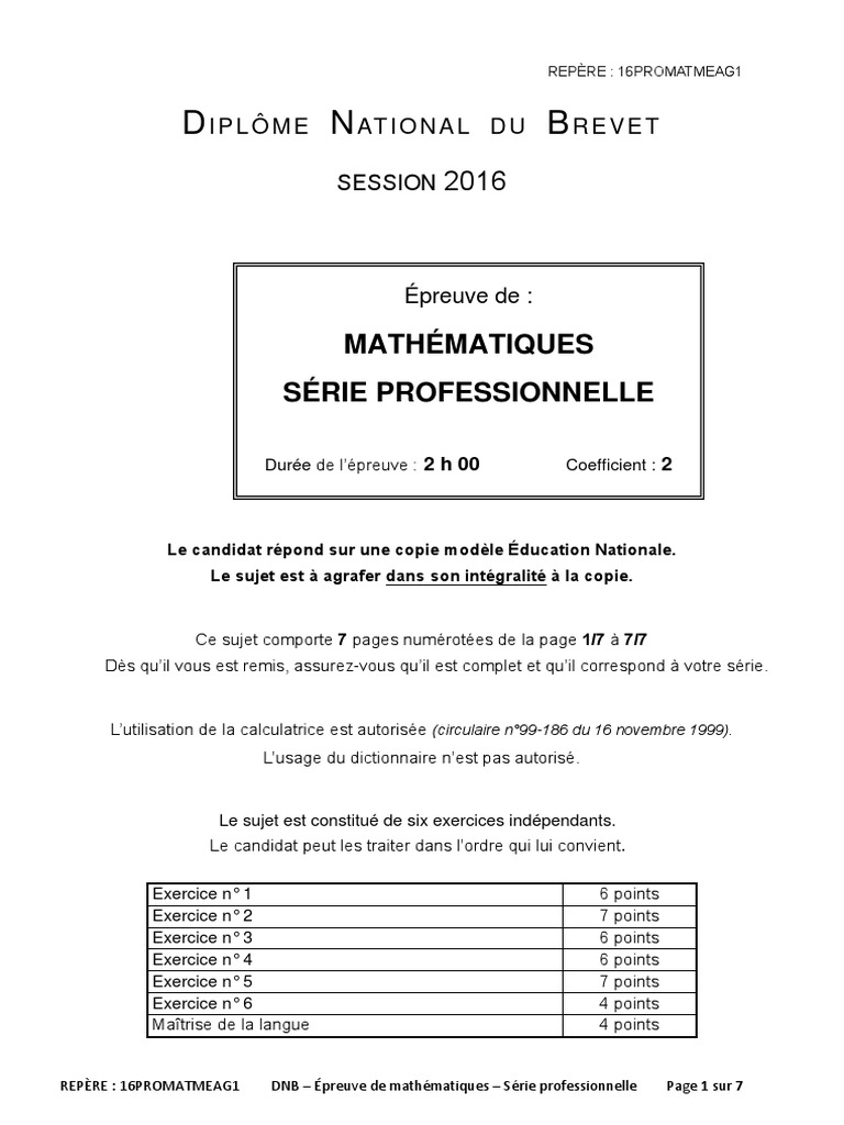 DNB 2016 - MATHEMATIQUES - Série Professionnelle | PDF