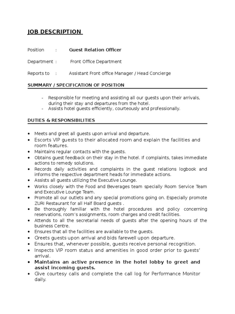 Guest Relation Officer JD.doc Hotel And Business