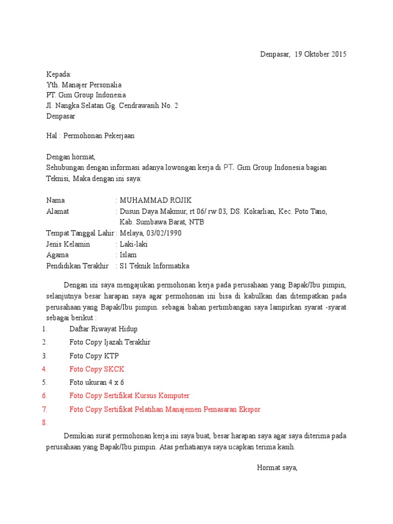 Contoh Surat Lamaran Kerja