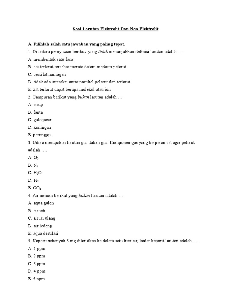 Soal Larutan Elektrolit Dan Non Elektrolit