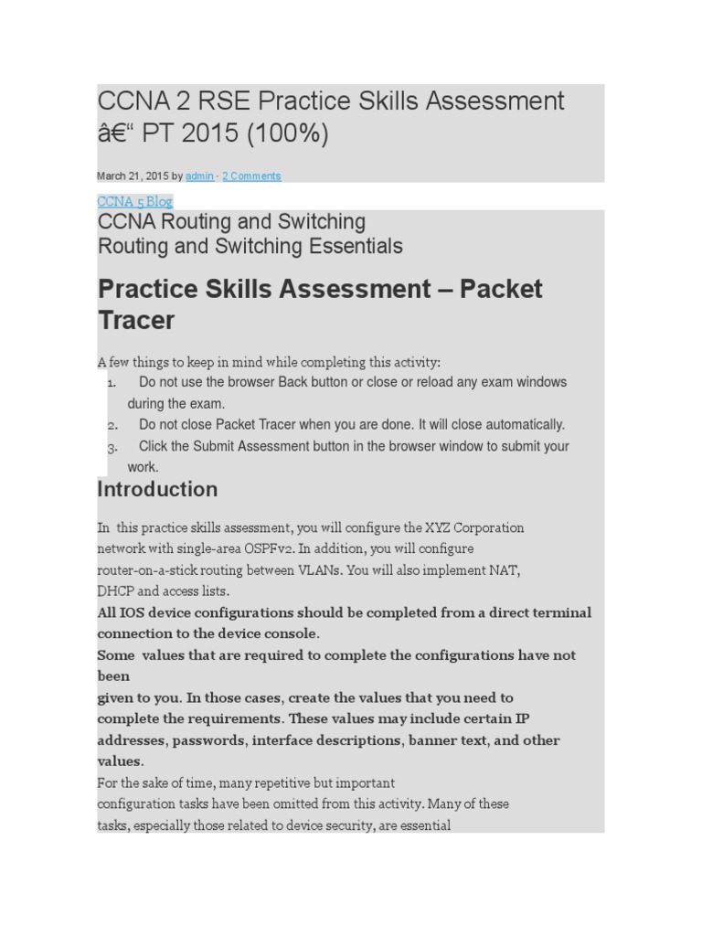 CCNA 2 RSE Practice Skills Assessment | PDF | Computer Network | Ip Address