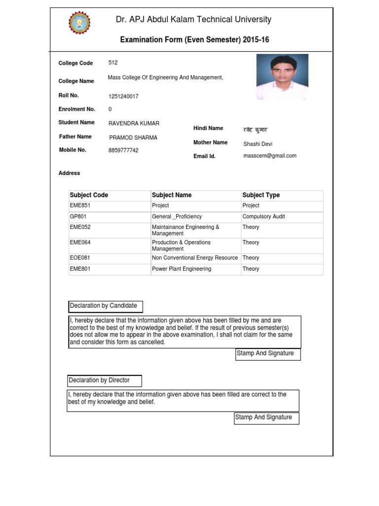 Even Semester Examination Form 2015-16 | PDF