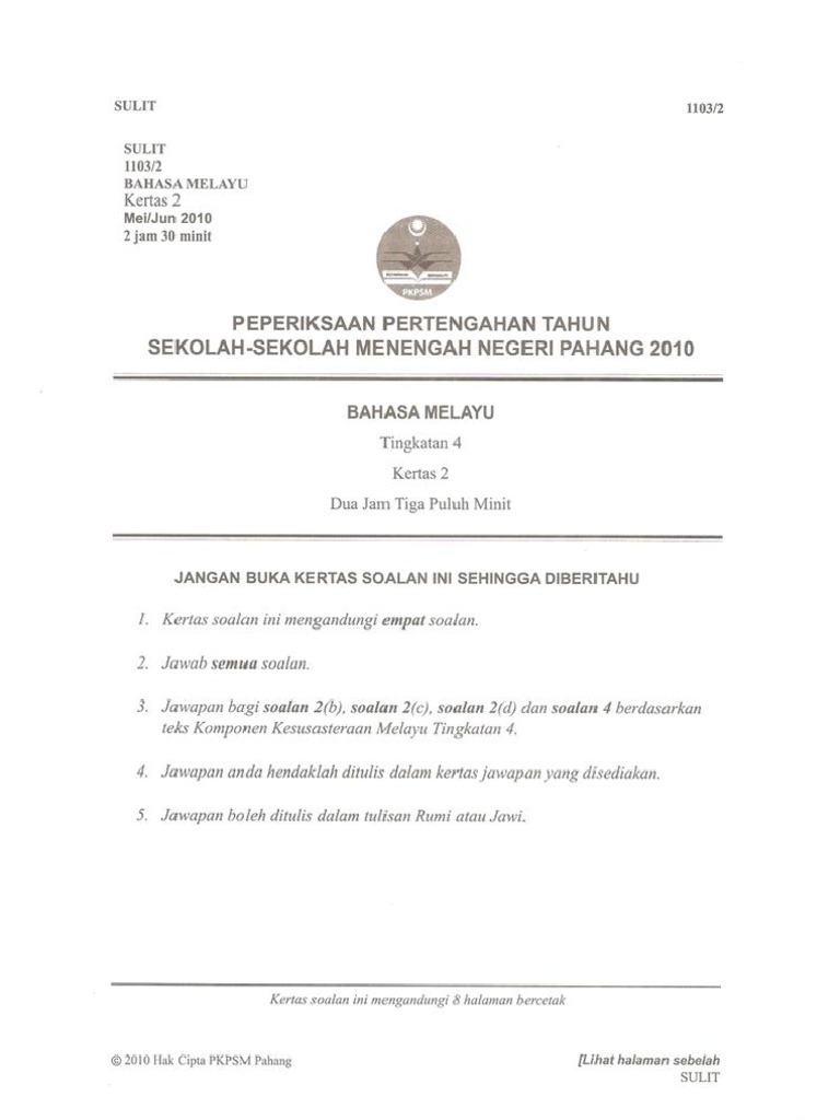 Ujian Pertengahan Tahun Bahasa Melayu Kertas 2 Tingkatan 4 Pdf