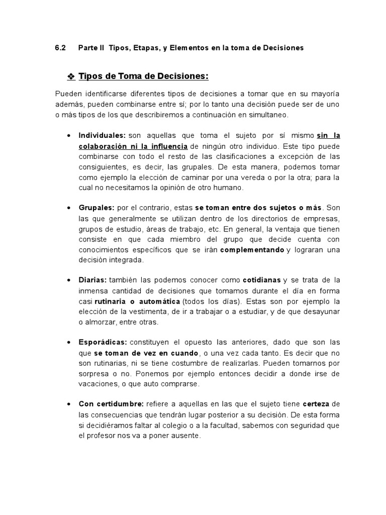 Tipos y Etapas en la Toma de Decisiones | PDF | Toma de decisiones ...