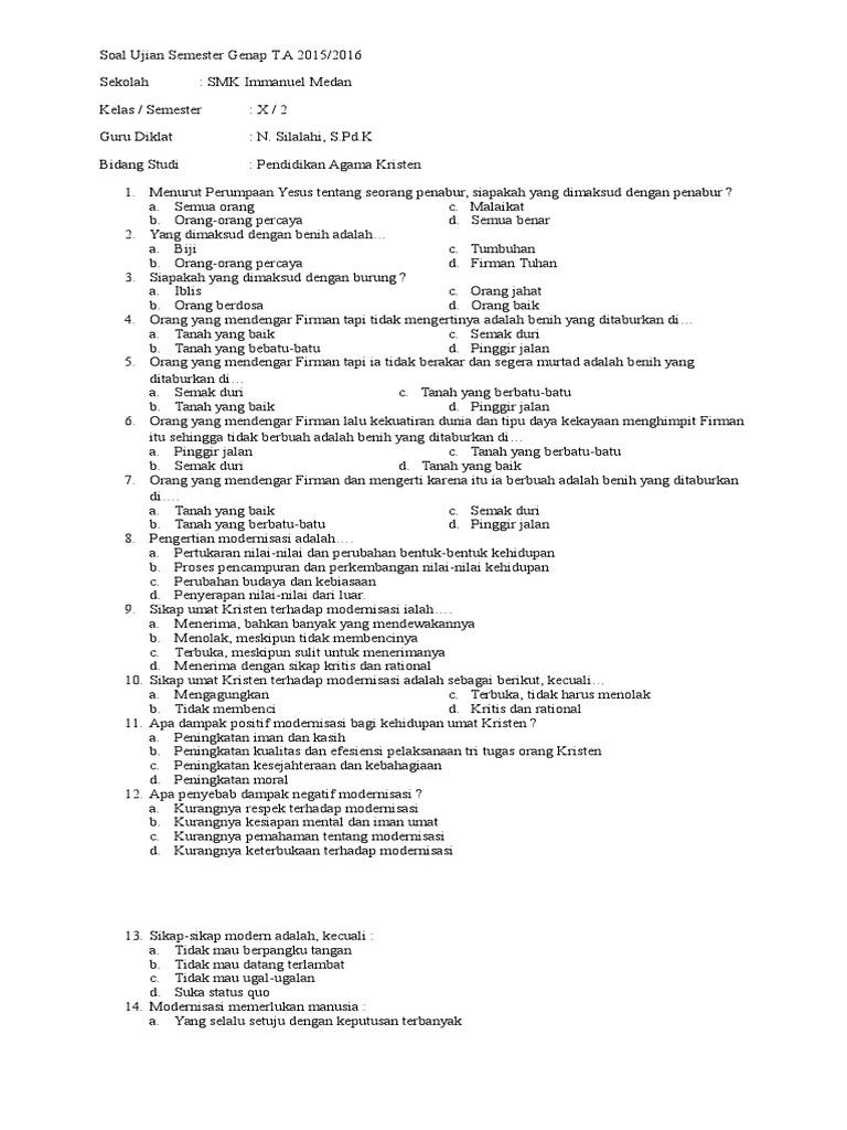  Soal  Ujian  2020 Agama  Kristen  Kls x