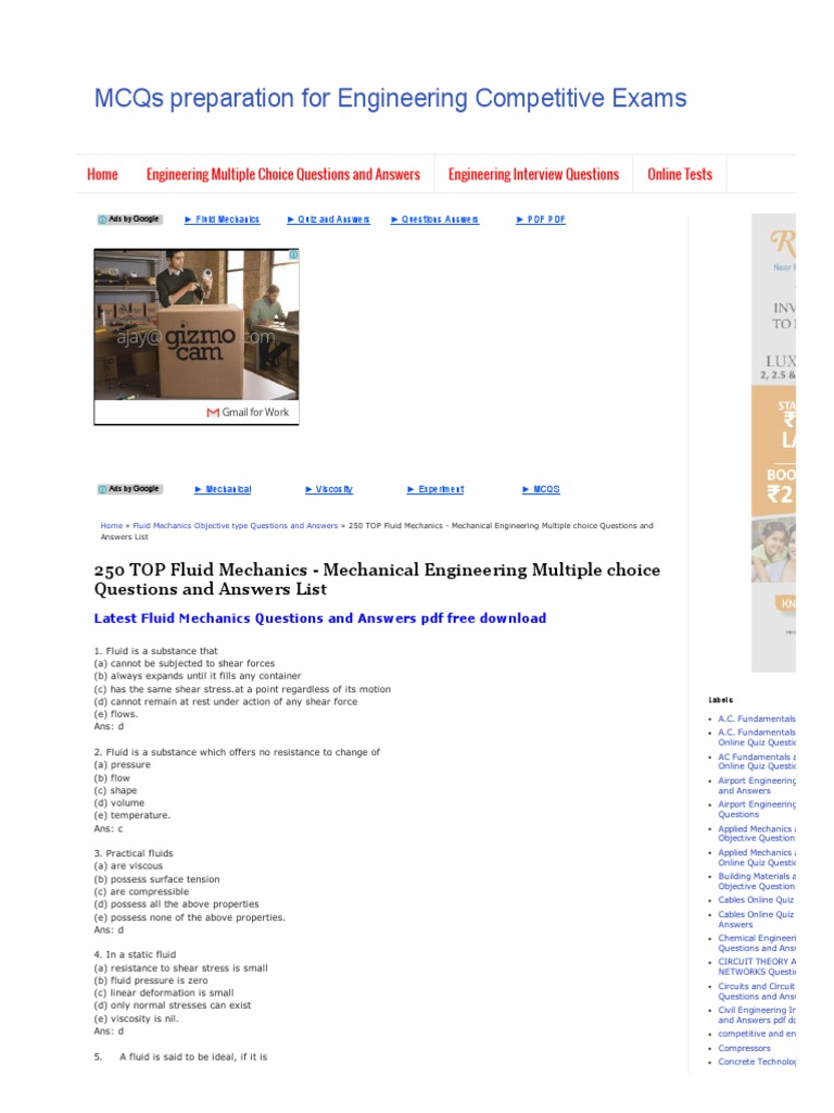 250 TOP Fluid Mechanics Mechanical Engineering Multiple Choice