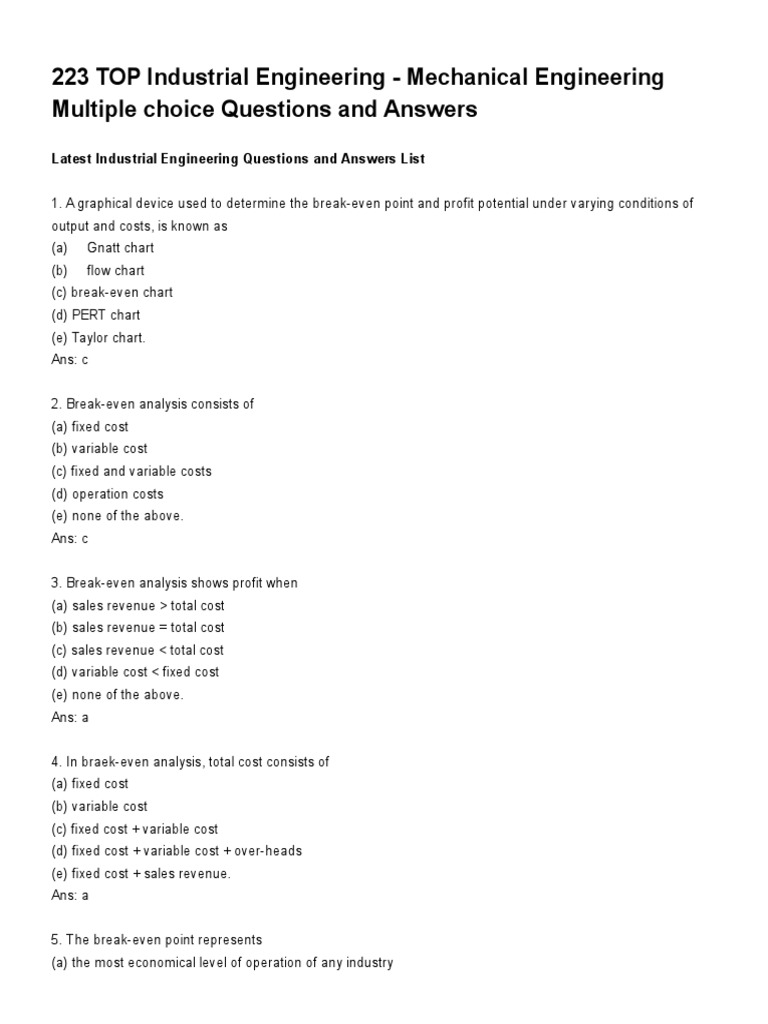 223 TOP Industrial Engineering Mechanical Engineering Multiple Choice