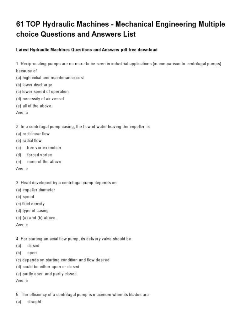 61 TOP Hydraulic Machines Mechanical Engineering Multiple Choice