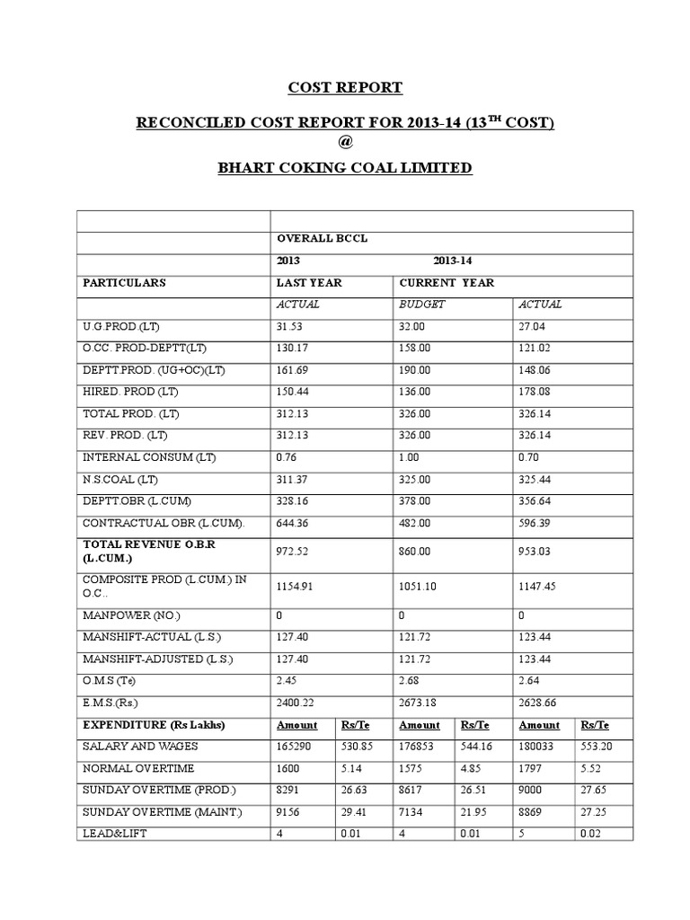 BCCL 2013-14 Cost and Revenue Report | PDF | Taxes | Government Finances