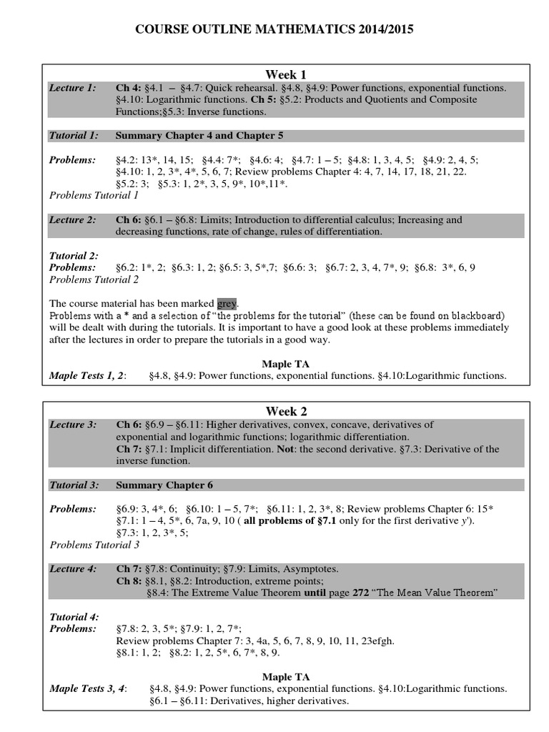 Course Outline Mathematics 2014/2015: Problems Tutorial 1 | PDF ...