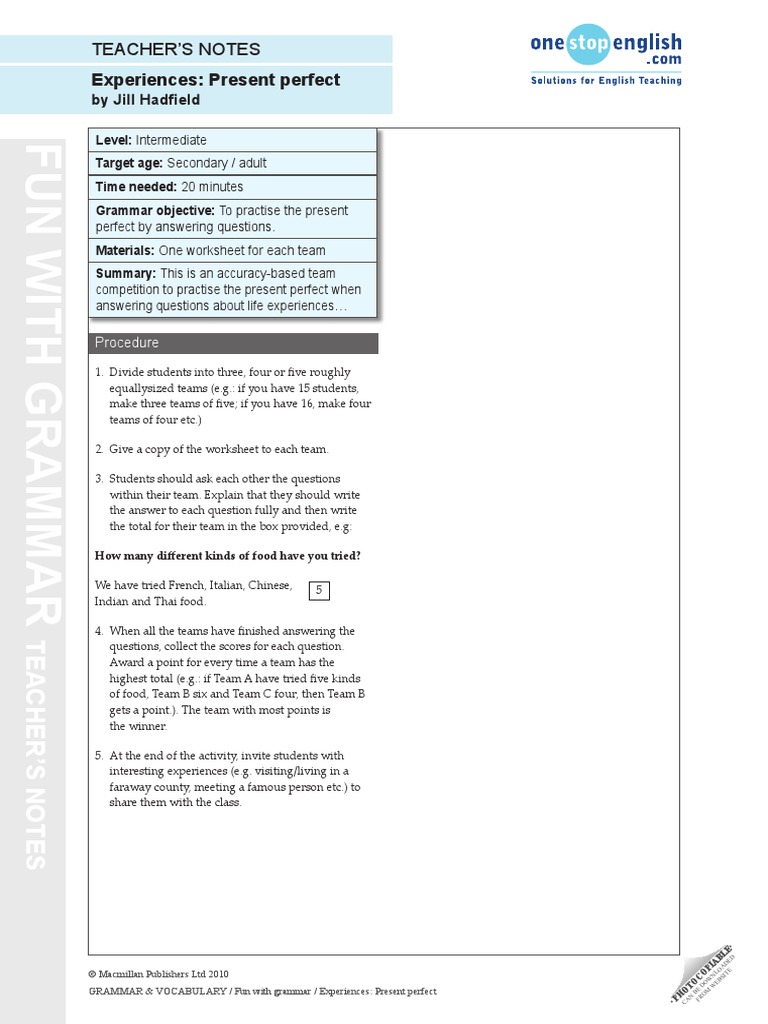 Experiences: Present Perfect: Teacher'S Notes | PDF