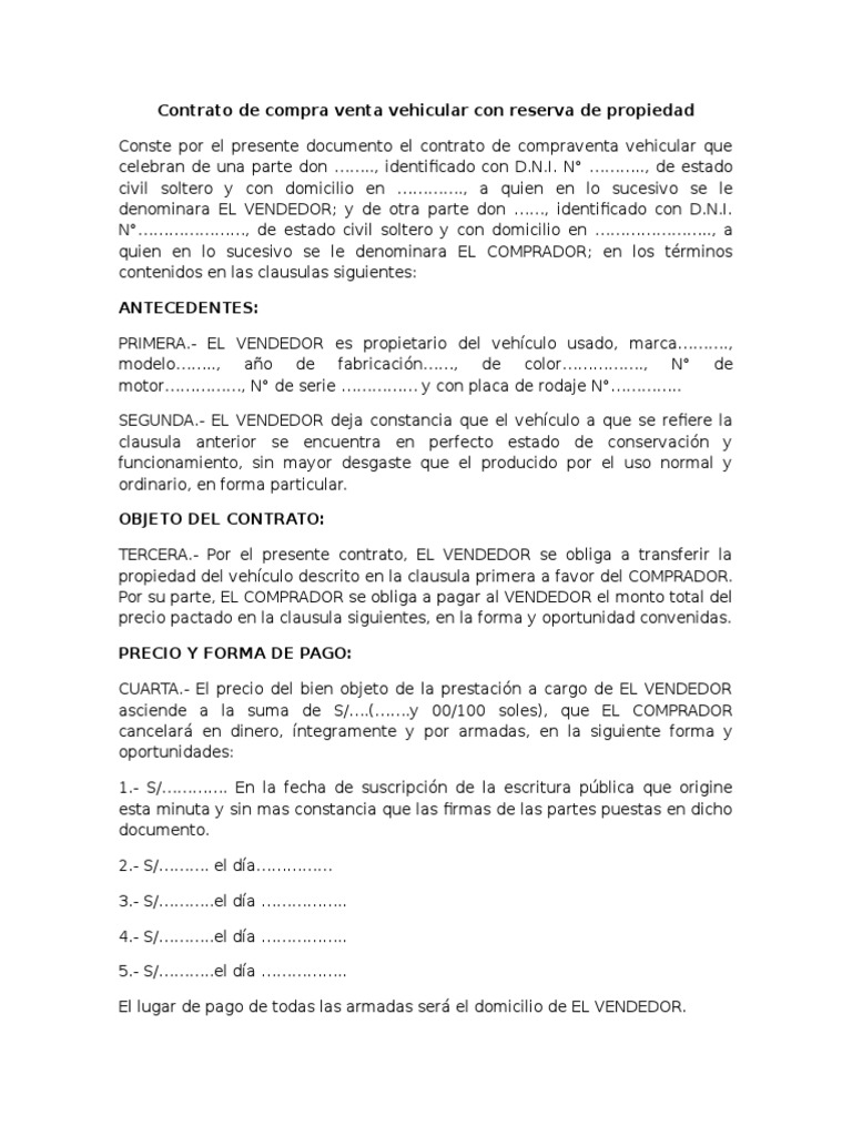 Contrato de compra venta vehicular con reserva de