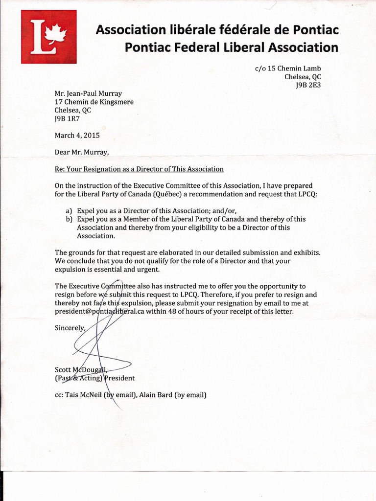 Letter of Expulsion From PLC Pontiac Board | PDF