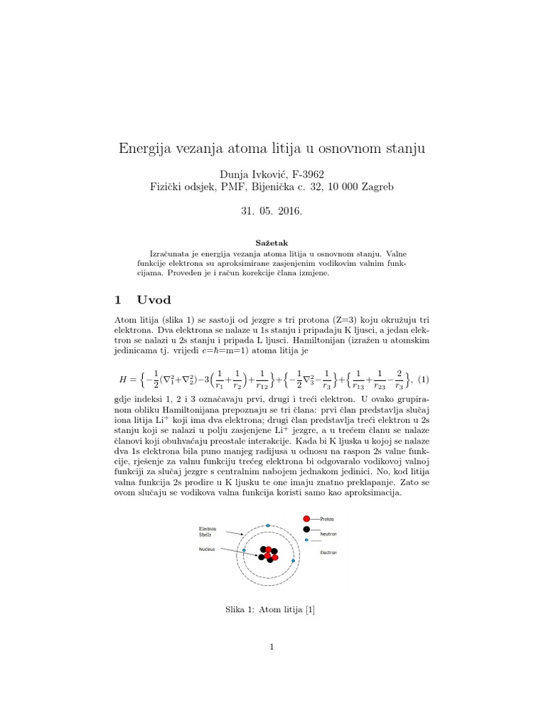 Lithium Bound Energy - Hydrogen Wave Function Approximation | PDF