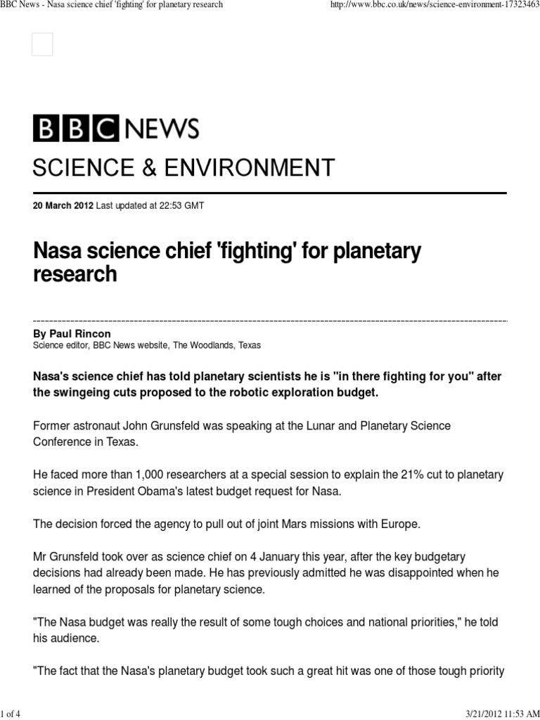 BBC News Nasa Science Chief 'Fighting' For Research PDF