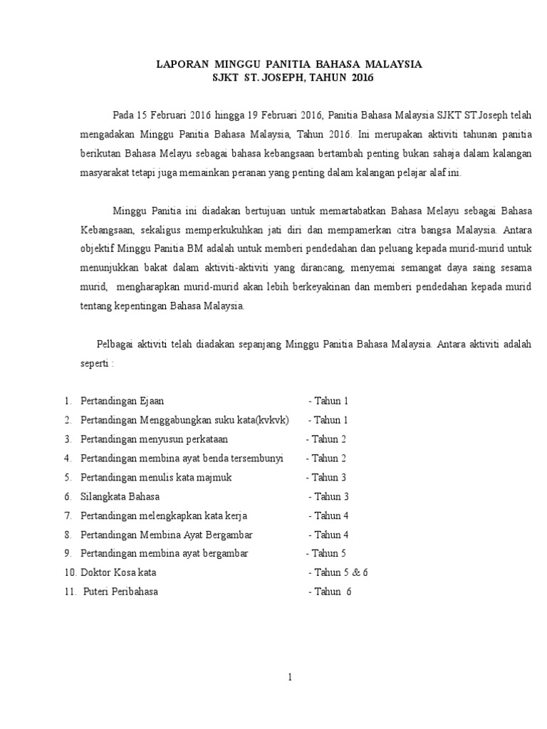 Laporan Sambutan Minggu Panitia Bm Pdf