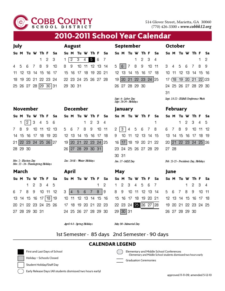 2010-2011 School Year Calendar: July August September October