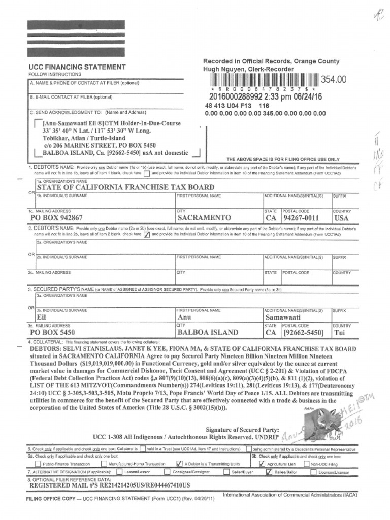 19B, RECORDED COMMERCIAL LIEN ON STATE OF CALIFORNIA FRANCHISE TAX BOARD