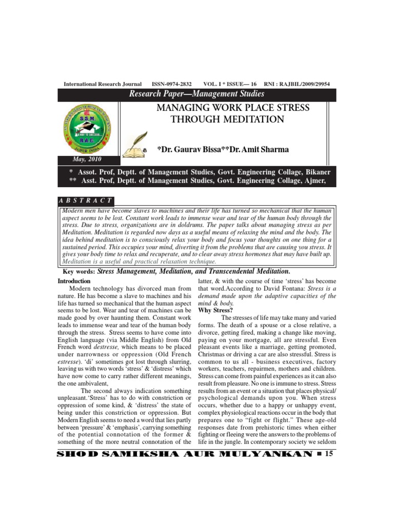 Managing Work Place Stress Through Meditation: Research Paper ...