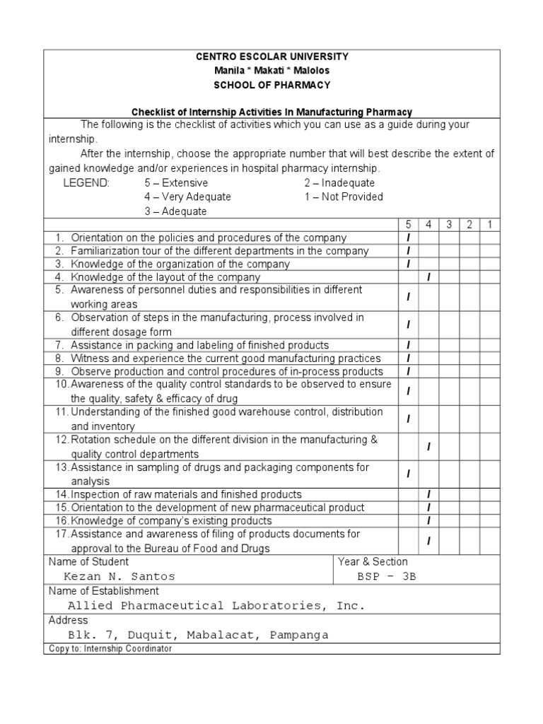 Manufacturing Pharmacy Internship Checklist | PDF