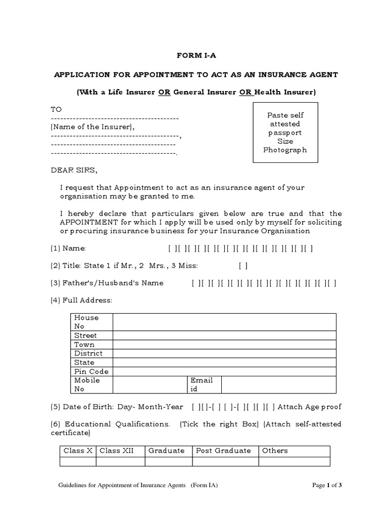 Form I-A Application For Appointment To Act As An Insurance Agent 