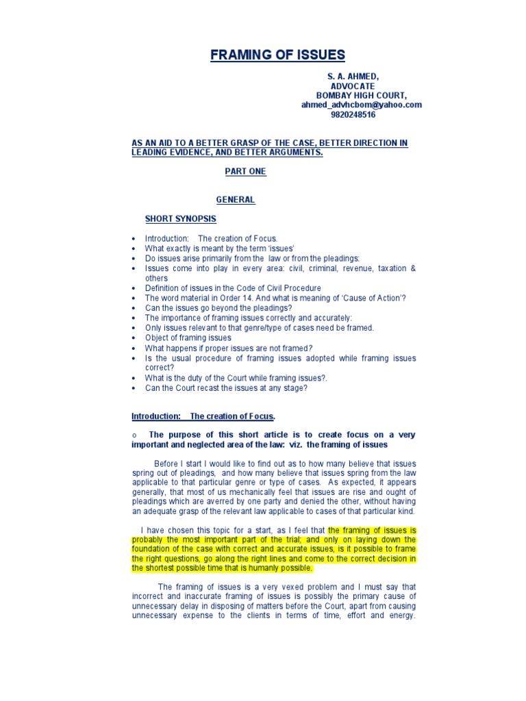 Importance of Framing of Issues PDF Pleading Burden Of Proof (Law)