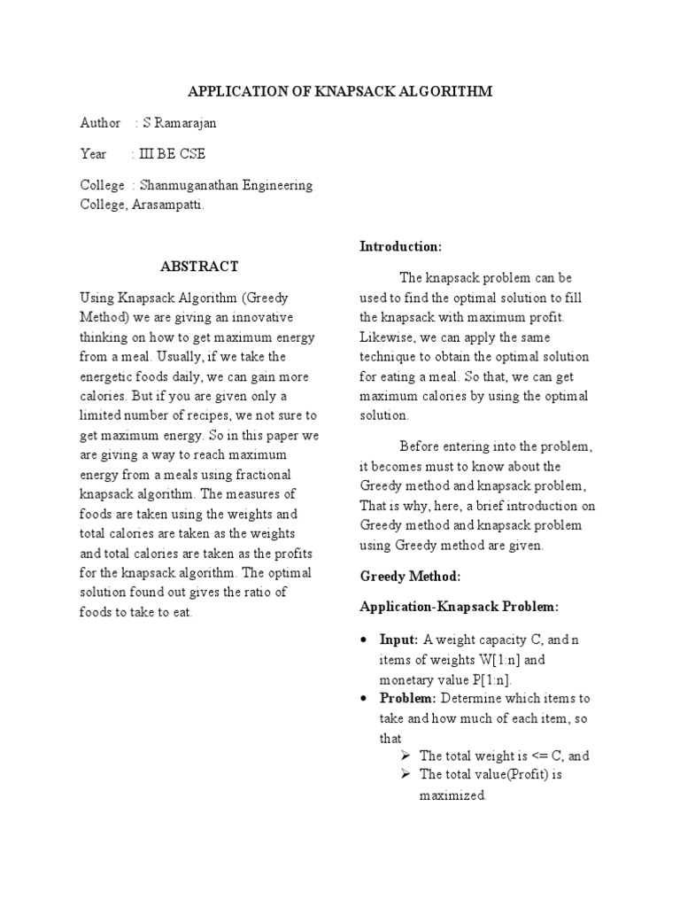 Optimizing Meal Energy with Knapsack Algorithm | PDF | Profit ...