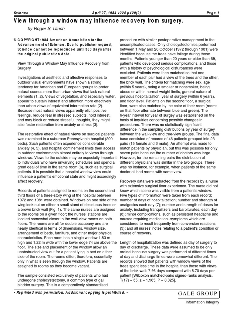 View Through A Window May Influence Recovery From Surgery.: by Roger S ...