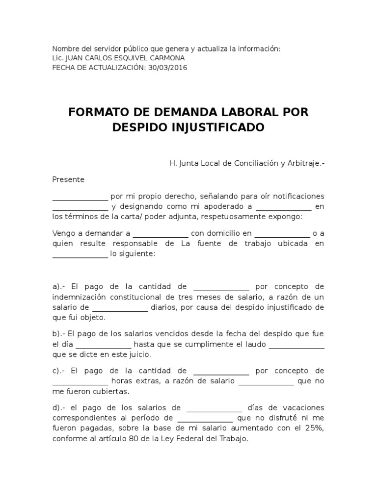 formato demanda laboral Salario Tiempo de trabajo