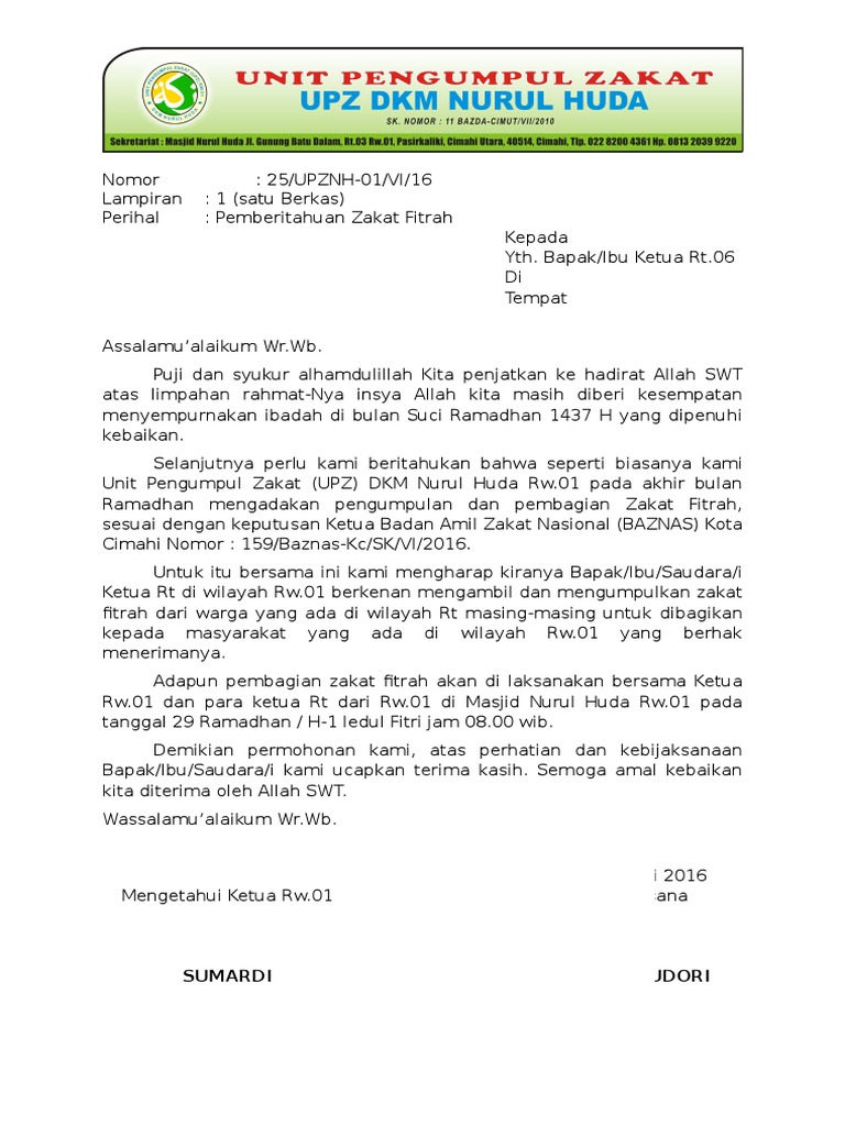 Contoh Surat Permohonan Zakat Fitrah