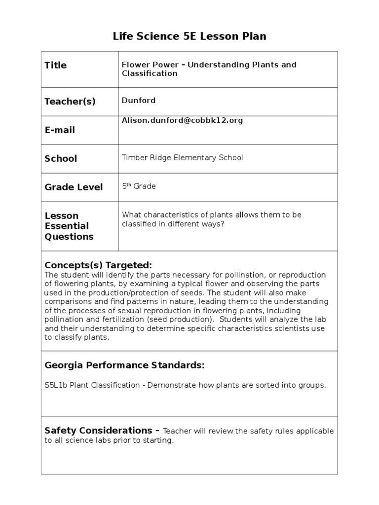 Life Science 5e Lesson Plan Flower Power Flowers Biological Interactions