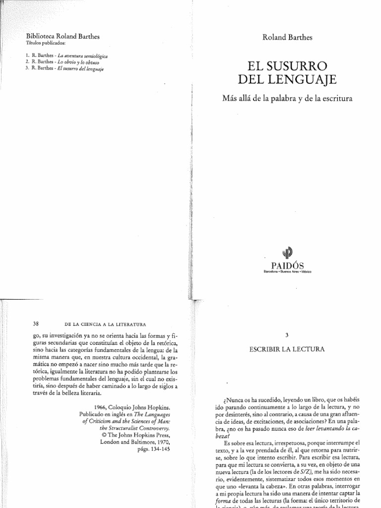 Barthes Roland Escribir La Lectura PDF | PDF