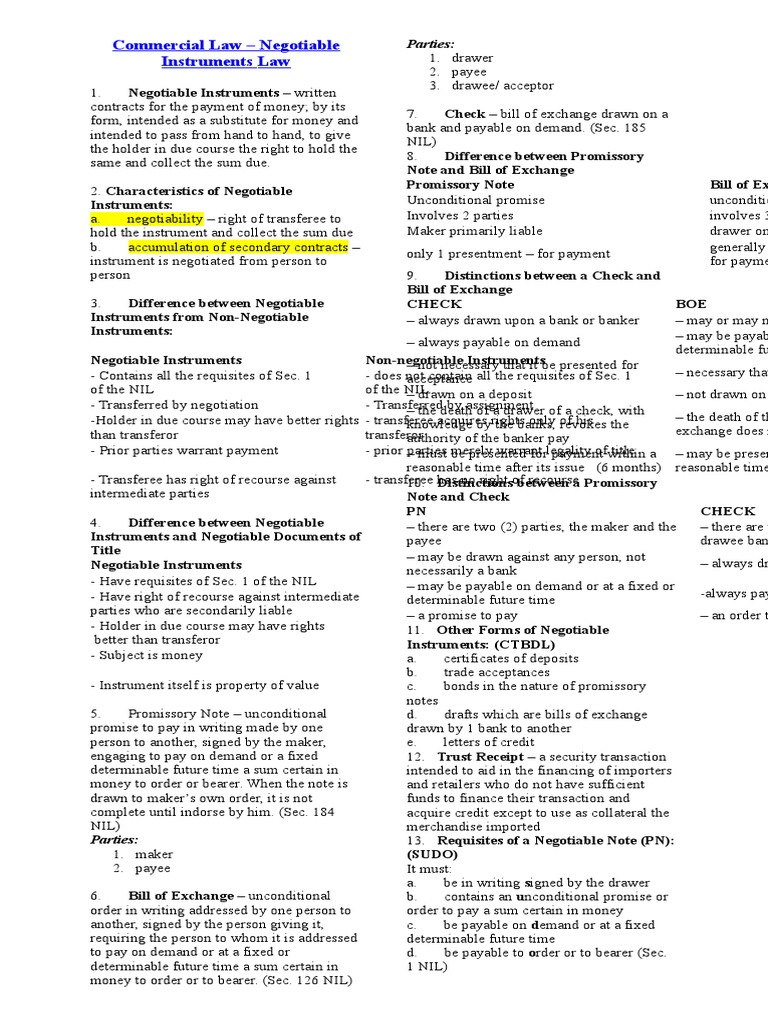 Negotiable Instrument Law reviewer 1 docx Negotiable Instrument