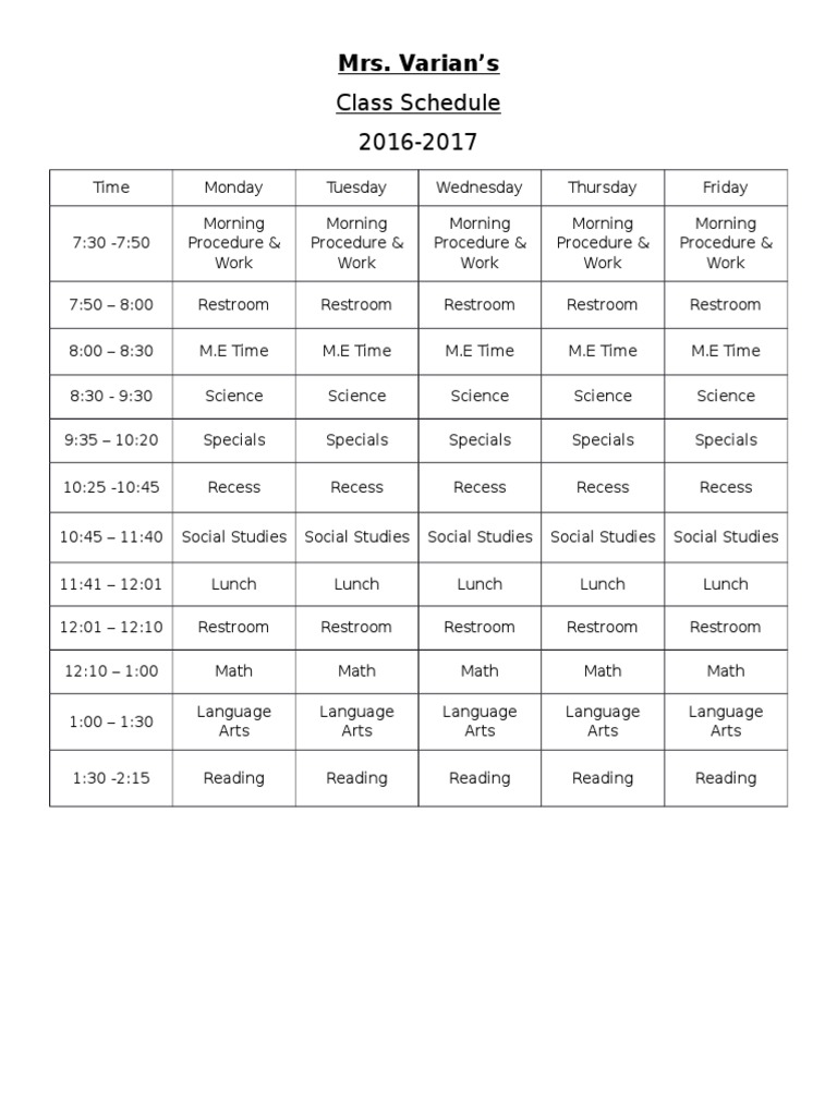 Mrs. Varian's 2016-2017 Class Schedule | PDF | Language Arts & Discipline