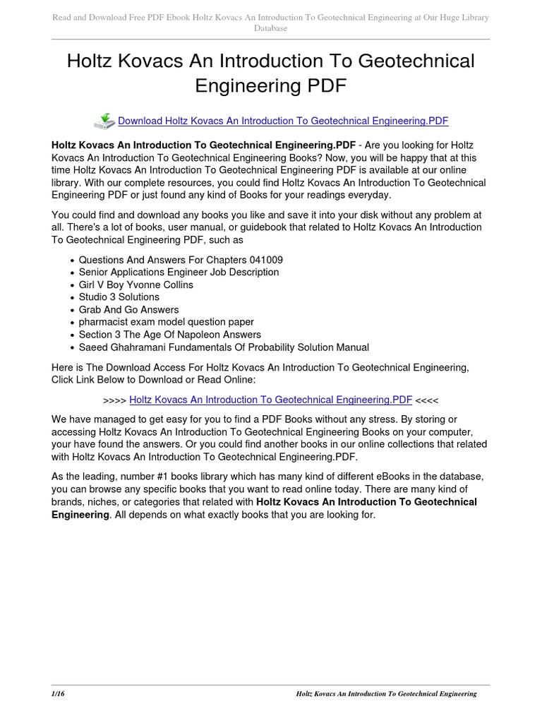 Holtz Kovacs an Introduction to Geotechnical Engineering | E Books |  Portable Document Format