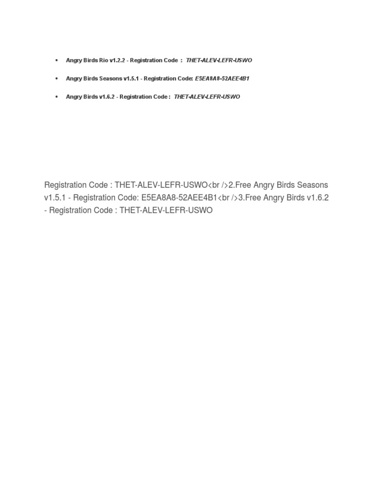 Angry Birds Registration Codes List | PDF | Computers | Technology ...