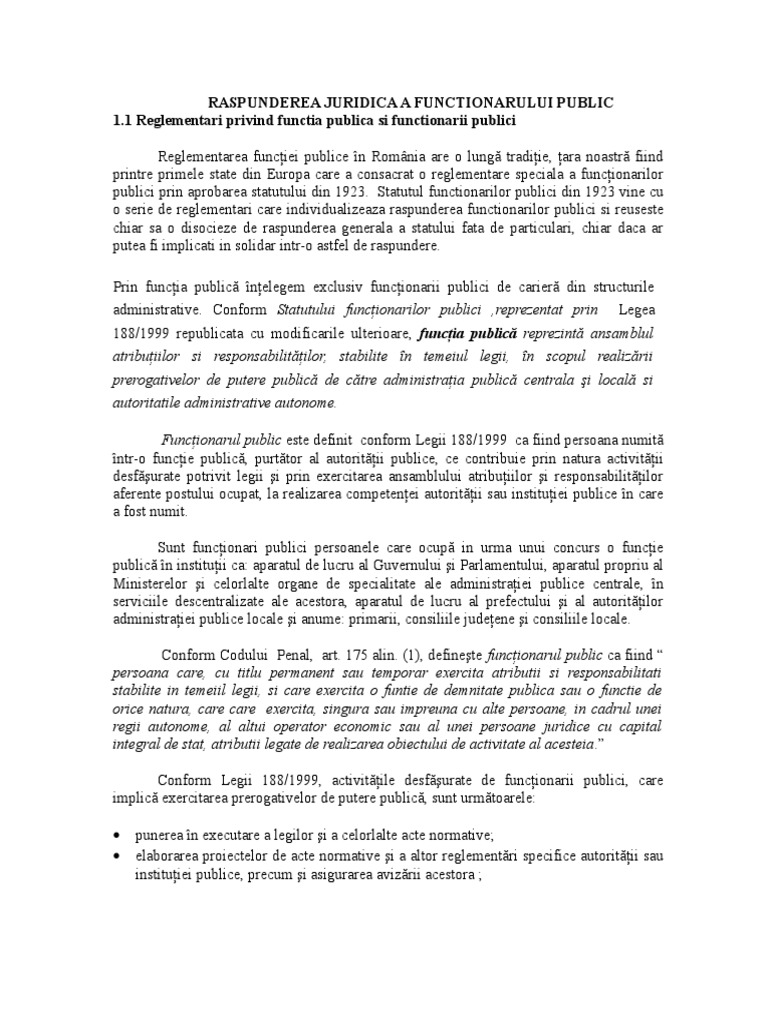 Raspunderea Juridica A Functionarului Public 1 1 Reglementari Privind Functia Publica Si Functionarii Publici