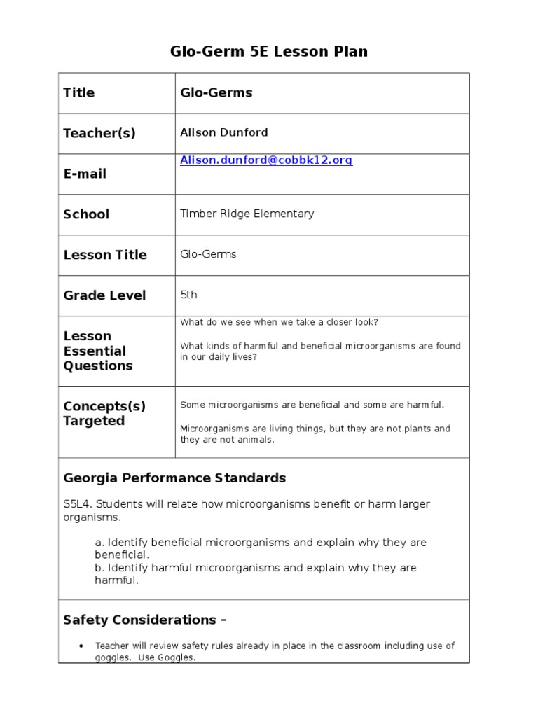 glogerm 5e lesson plan Lesson Plan