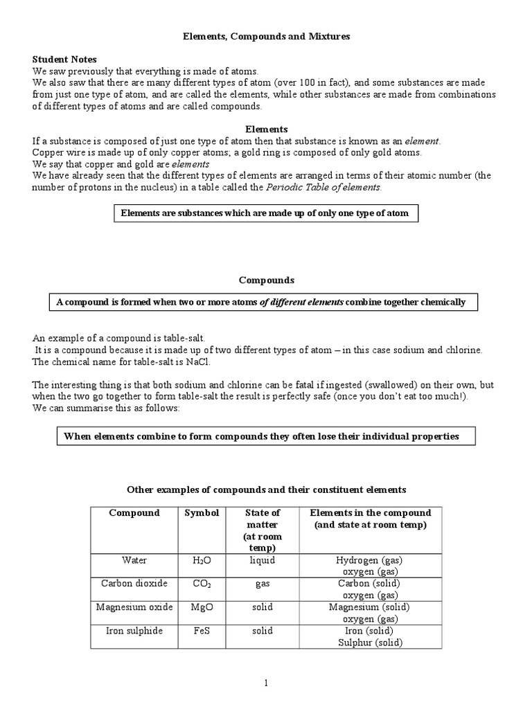 Elements, Compounds, and Mixtures Explained | PDF | Chemical Compounds ...