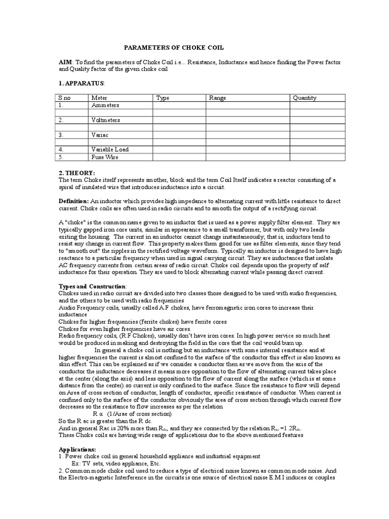 Parameters of Choke Coil PDF Inductor Alternating Current