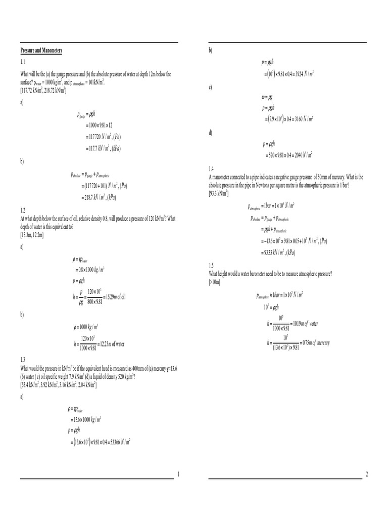 Fluid Mechanics: Pressure Calculations | PDF | Pressure Measurement ...