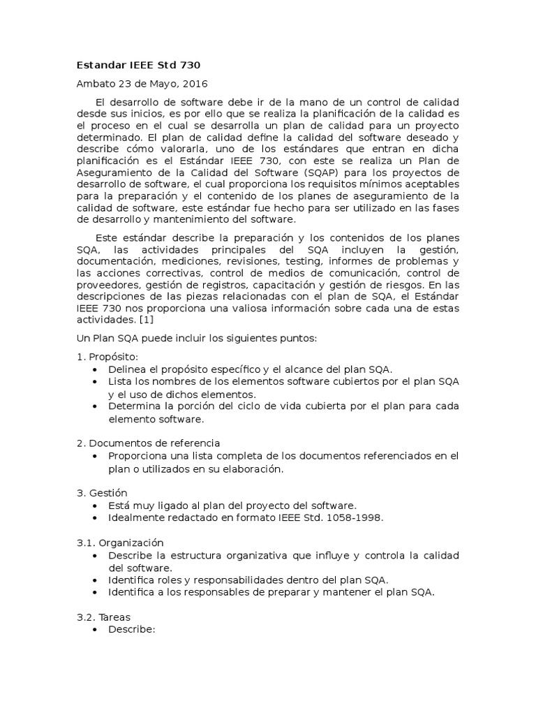 Estándar IEEE 730 para Calidad de Software | PDF | Ingeniería de ...
