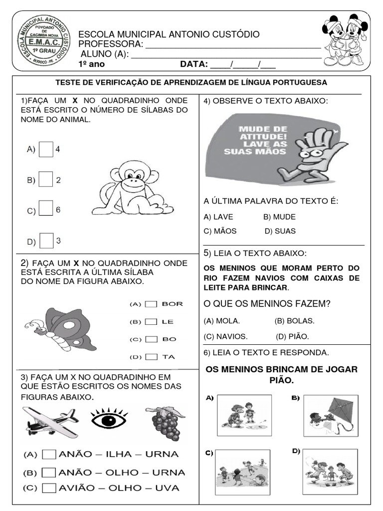 Avaliação II Bimestre de Português 1º ano fundamental