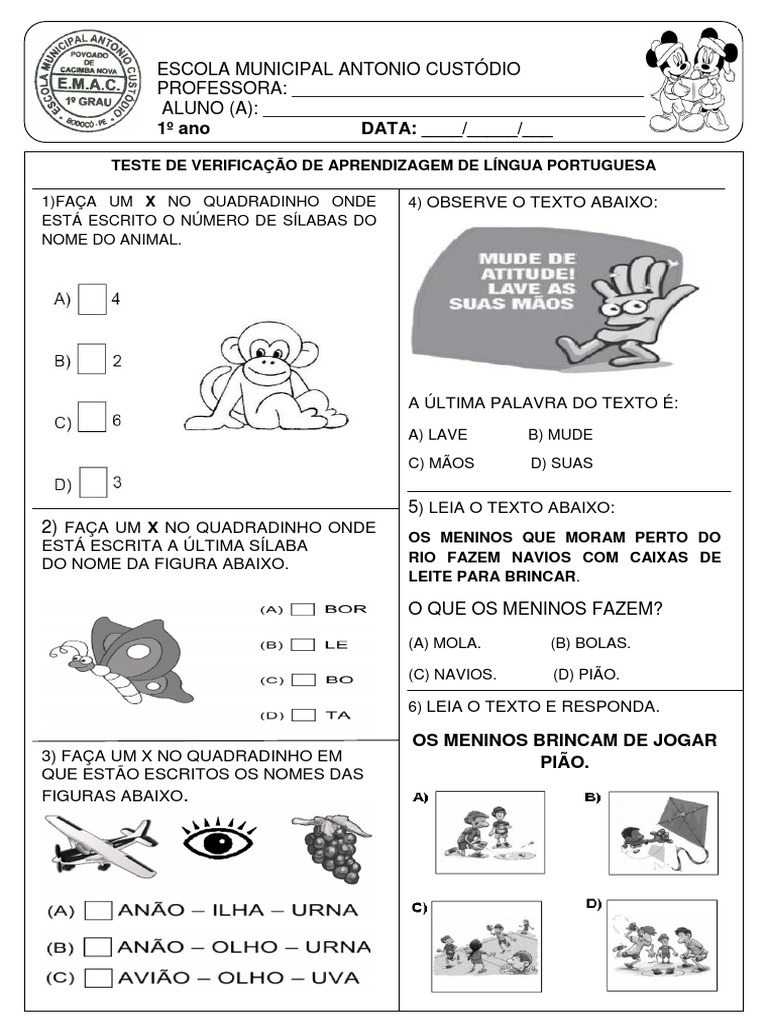 Quiz de Português (01) para o 1° e 2° ano Fundamental