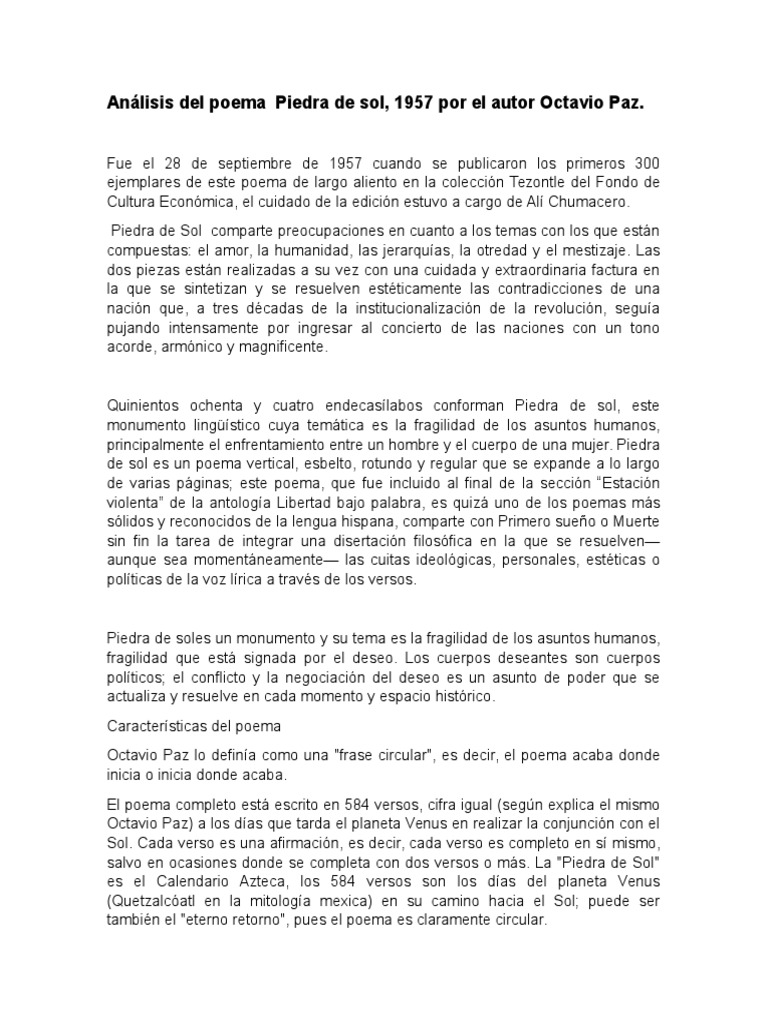 Análisis Del Poema Piedra de Sol Del Autor Octavio Paz | PDF | Poesía |  Sonetos